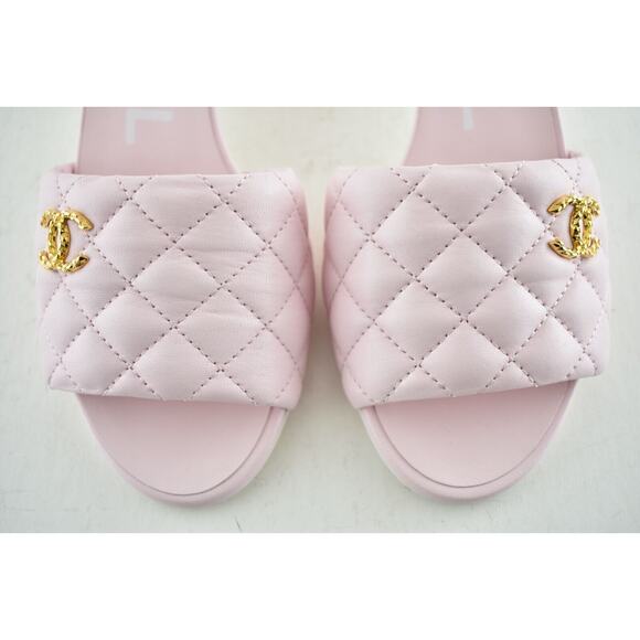 Chanel 22P Light Pink Lambskin Quilted CC Logo Cone Heel Mule Slide Sandal 37.5 - Picture 7 of 12